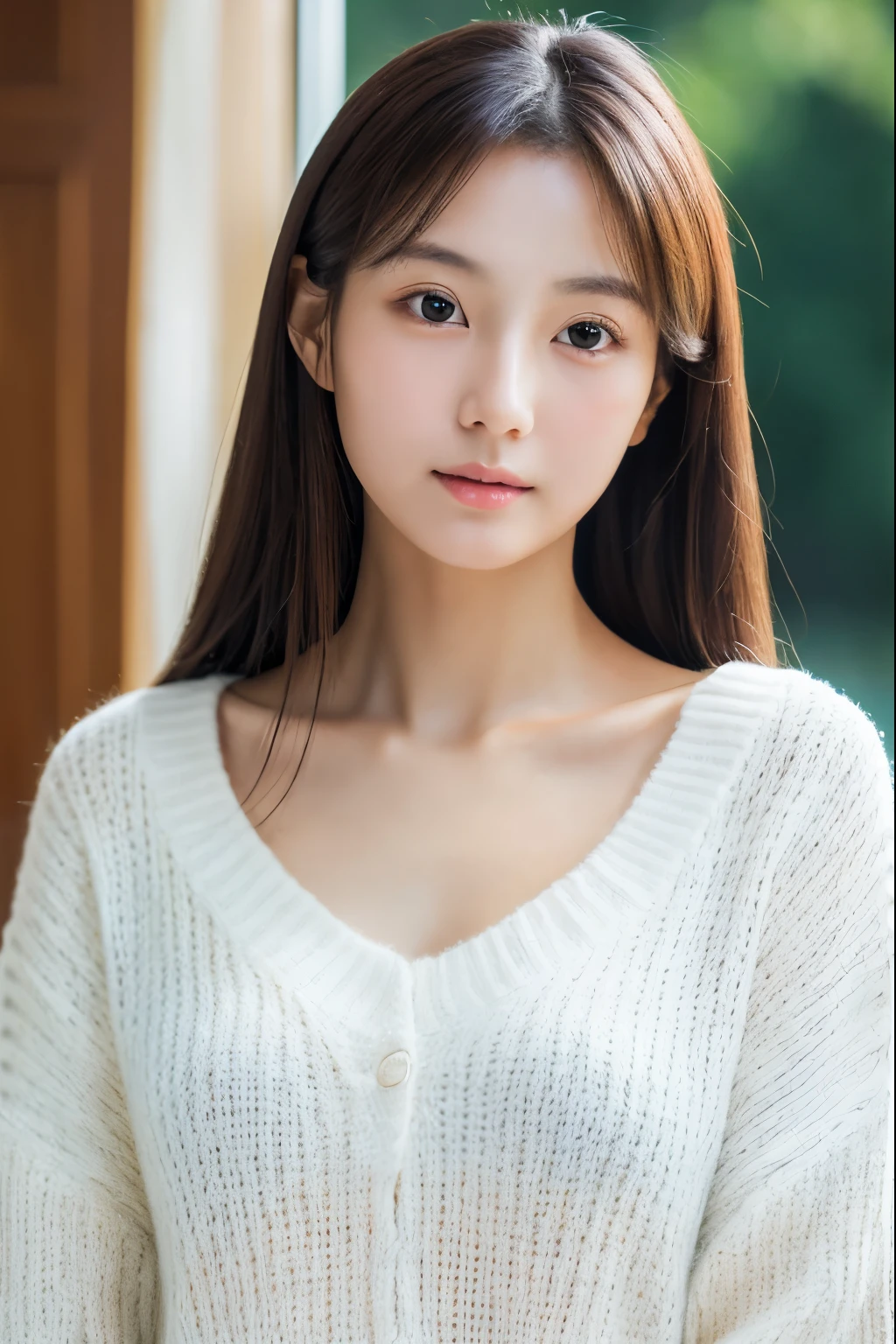 masterpiece, highest quality, Photoreal, Super detailed, finely, High resolution, 8k wallpaper, Professional, Advanced level of detail, 1 girl, thin japanese woman, ((facing the front)), detailed clavicle, perfect face, straight hair, white tokkuri sweater、pose for a full body shot
