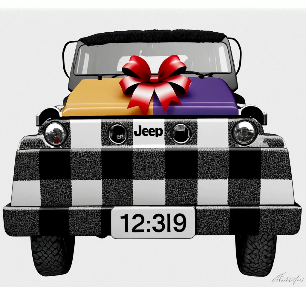 photorealistic, 1 black and white checkered jeep, gifts on the jeep, christmas tree on the jeep, highly detailed, intricate details, cinematic lighting, dramatic shadows, realistic textures, glossy finish, wide angle shot, beautiful composition, cinematic atmosphere, award winning photography, masterpiece
