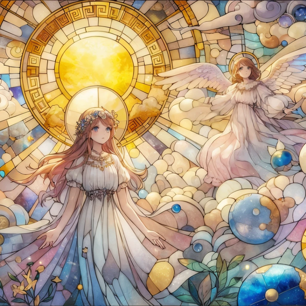 absurdres, best quality, fine detailed, 8k, 2girl, Golden brown hair, blue eyes, white fantasy dress, white wings, stained glass, colorful glass, sun, ball of light