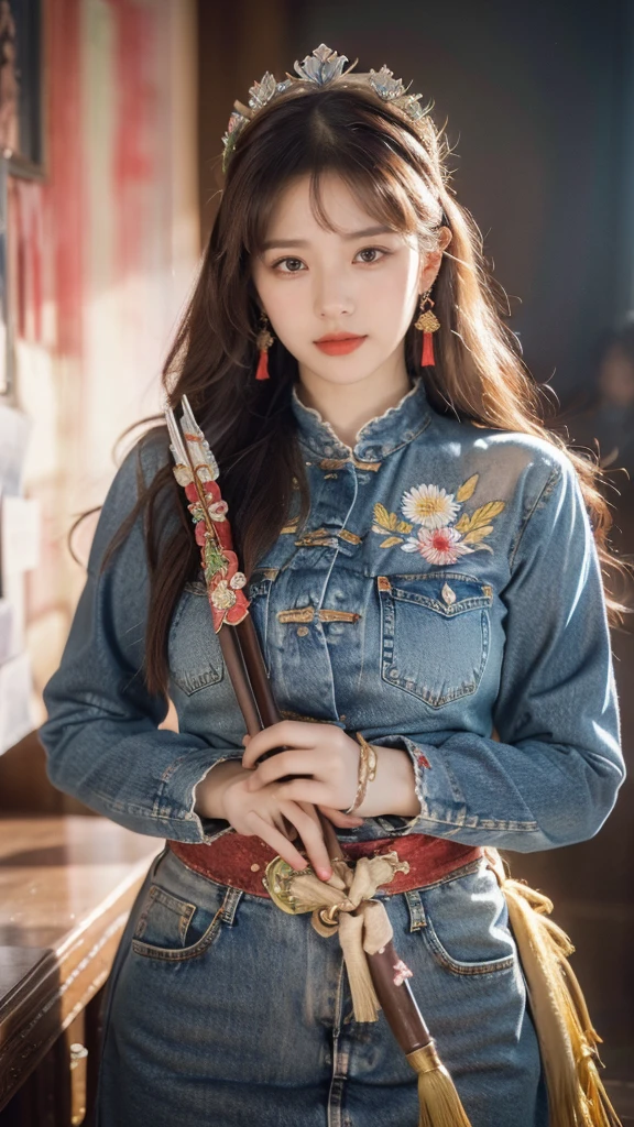 Best quality, masterpiece, super detailed high resolution, (realistic: 1.4), watercolor style, illustration, dazzling background color,, 1 Girl Holding Weapon, (Solo Exhibition: 1.2), (Denim Lens: 1.2), (Hair Crown: 1.2), Chinese Dunhuang Traditional Costume, No Straps, (Red Eyeliner: 1.2), (: 1.4), Earrings, Dynamic Angle, Opera House, messy_long_hair, Ink, Movie Lights, lens_flare, Velvet, Chrysanthemum, Tassels, Ribbons, Color Embroidery,