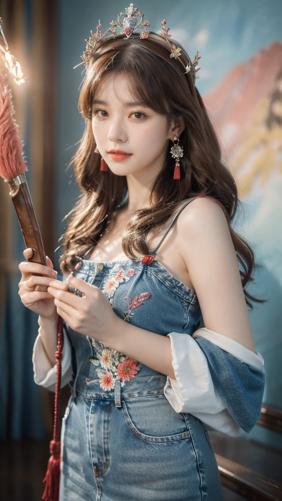 Best quality, masterpiece, super detailed high resolution, (realistic: 1.4), watercolor style, illustration, dazzling background color,, 1 Girl Holding Weapon, (Solo Exhibition: 1.2), (Denim Lens: 1.2), (Hair Crown: 1.2), Chinese Dunhuang Traditional Costume, No Straps, (Red Eyeliner: 1.2), (: 1.4), Earrings, Dynamic Angle, Opera House, messy_long_hair, Ink, Movie Lights, lens_flare, Velvet, Chrysanthemum, Tassels, Ribbons, Color Embroidery,