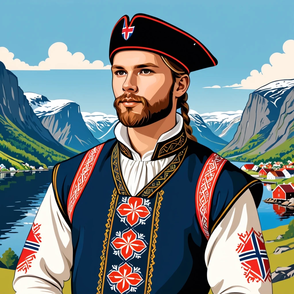 man in norway folk outfit, vector graphics, strong contours