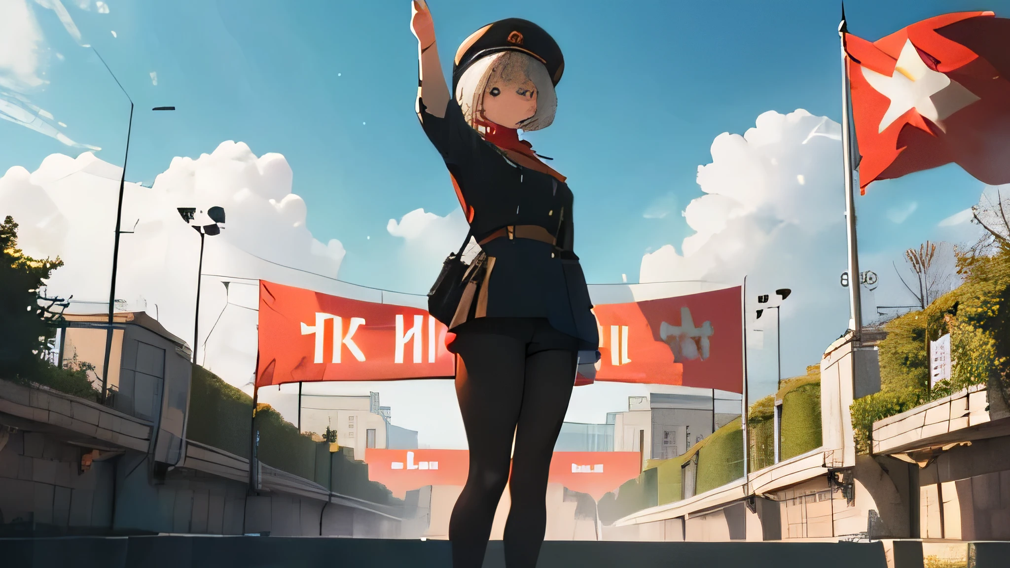 Large panoramic shot,A person surrounded by people,Standing under the statue,With short white hair and red pupils,Girl in grass green military uniform。She held out a hand,Looking at the crowd below,Waving his hat,Shouting to the people under the statue。Someone is waving a red flag,Soviet poster of Viktor Orban, soviet propaganda style, soviet propaganda, USSR Poster, soviet propaganda poster style, soviet poster, soviet propaganda art, soviet propaganda poster art, communist propaganda, russian constructivism, , sovietwave