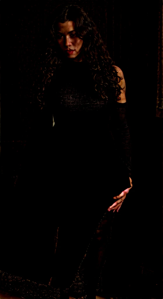 long curly hair, black dress, pantyhose
