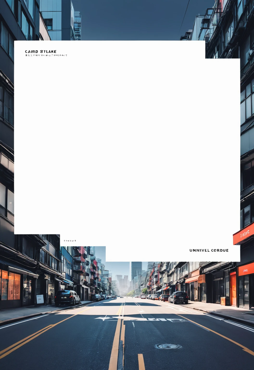 A modern minimalist blank card UI,Leave a square blank space in the middle,Below is an urban style text box。Applicable to card UI。color。