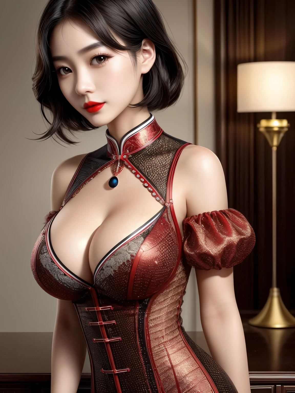 (high quality), (masterpiece), (detailed), 8K, Captivating portrait of a (Chinese supermodel1.3) with a (slender face1.2) and (gentle features1.2). She wears a (clown attire1.2) that accentuates her (perfect body1.3), complete with (large breasts1.2) and (cleavage1.2). Her (black hair1.2) falls down her back, framing her (charming face1.3) with (big eyes1.2) and (long eyelashes1.2). Her (red lips1.2) curve into a subtle smile as she looks directly at the viewer, exuding confidence and (sex appeal1.3). Shot with Canon EOS 5D Mark IV and Canon EF 85mm f/1.4L IS USM lens, in style of Chen Man. Trending on Vogue China.