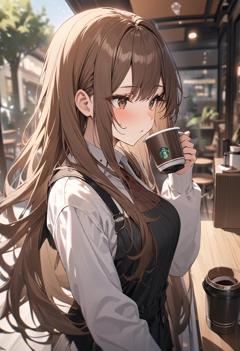 Highest quality, expensive_solve, clear_image, Detailed Background ,girl, Medium-long hair,Brown Hair,Brown eyes,Have a coffee