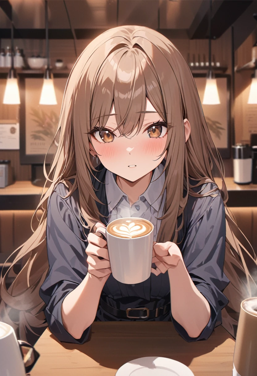 Highest quality, expensive_solve, clear_image, Detailed Background ,girl, Medium-long hair,Brown Hair,Brown eyes,Have a coffee