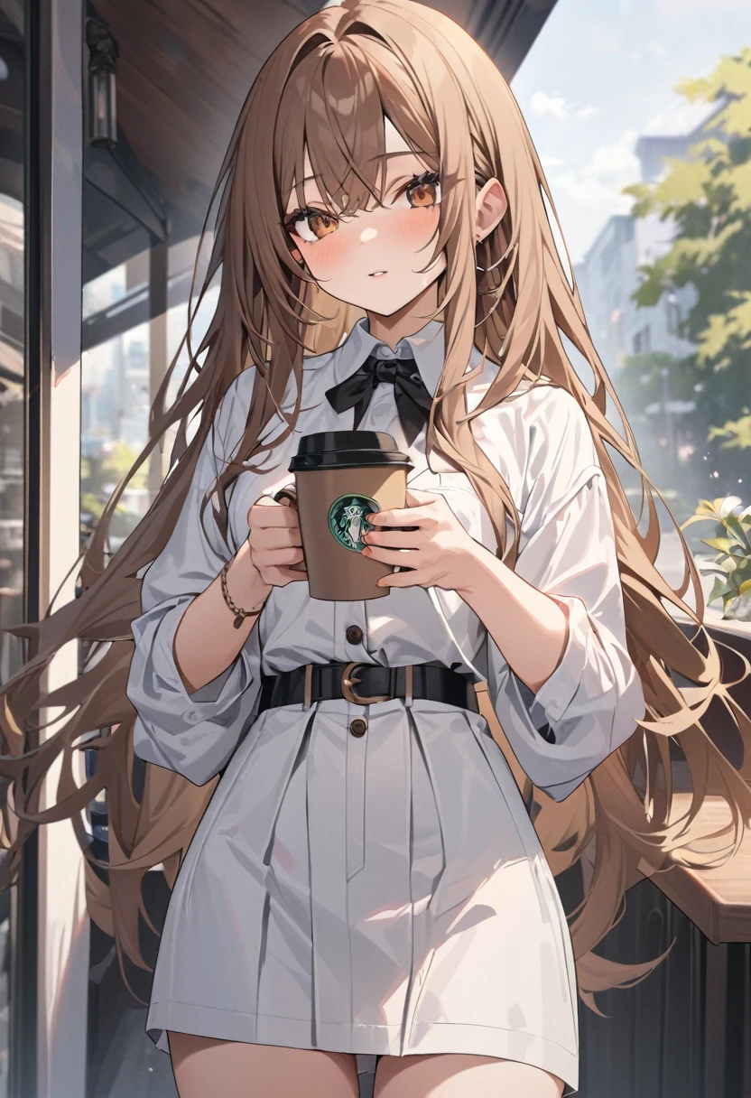 Highest quality, expensive_solve, clear_image, Detailed Background ,girl, Medium-long hair,Brown Hair,Brown eyes,Have a coffee