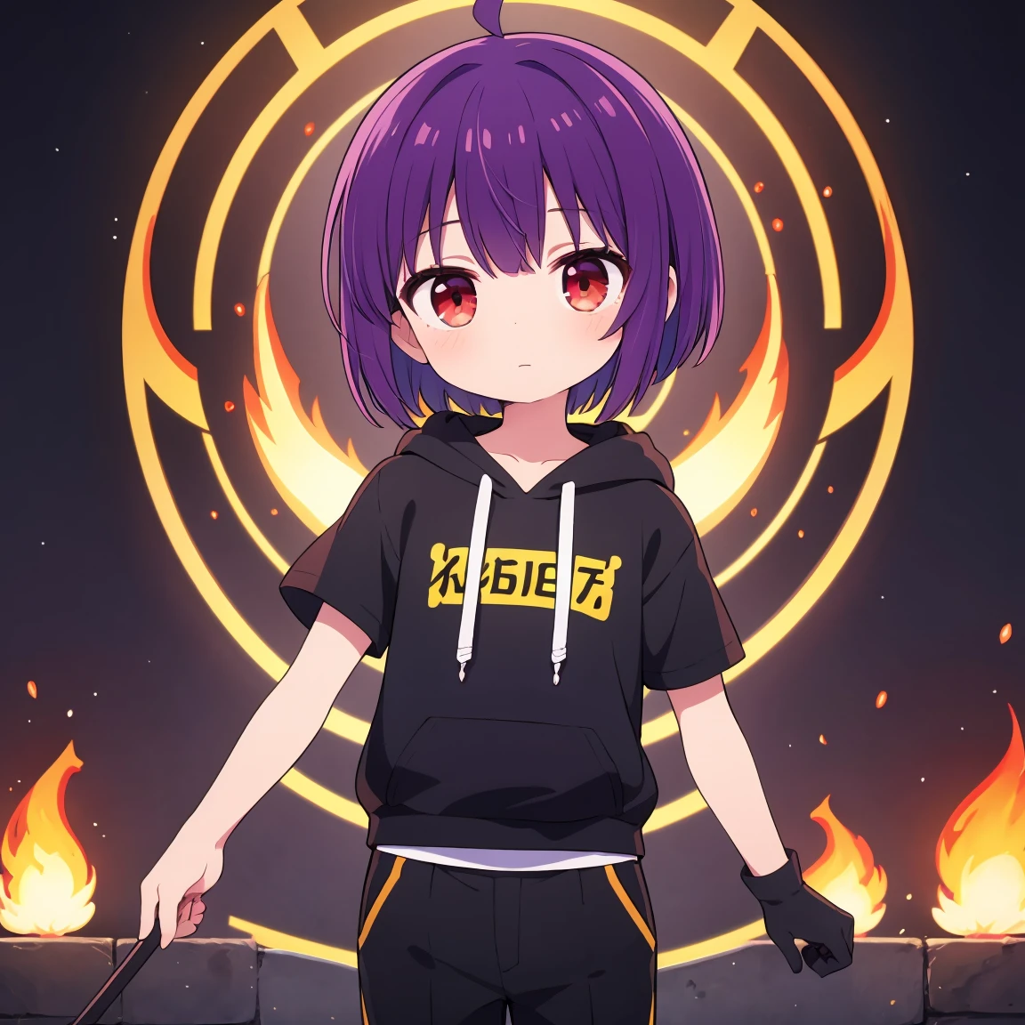 ((masterpiece, Highest quality, Very detailed)), Ahoge, Purple Hair, short hair, Red eyes, Black glove on one hand, Bat Wings, Indigo plain short sleeve hoodie, Black trousers, Manipulating the flames, boy, Mini character, Character portrait, solo