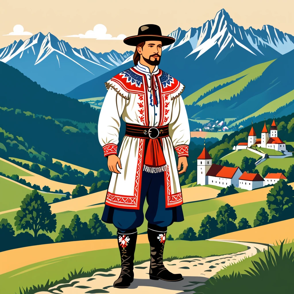 man in slovakia folk outfit, vector graphics, strong contours