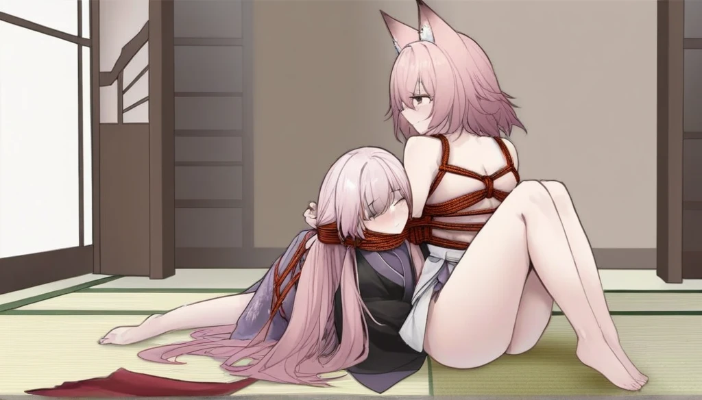 Character: The same woman with fox ears and long pink hair.Clothing: Similar to the first image, with a traditional Japanese outfit in white and red. Brown ropes are wrapped around her arms, chest, and legs in a bondage style.Scene: She is sitting on the floor inside a room with tatami mats. Her hands are tied behind her back, and she has a soft and calm expression.Additional Details: The woman is wearing a mask covering the lower part of her face, leaving only her eyes and part of her hair visible. The ropes are intricately tied, emphasizing the careful craftsmanship of the shibari technique.