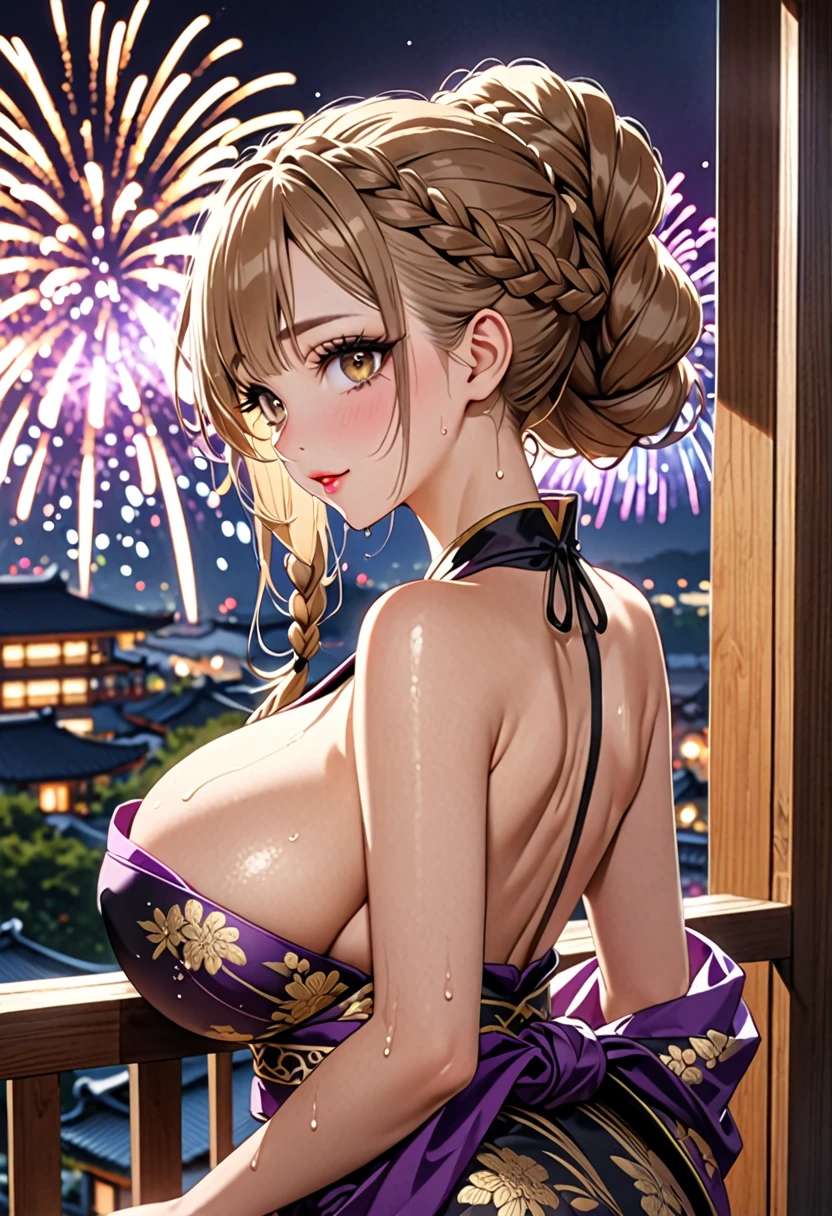 (((Highest quality, Ultra-high resolution、The most complex and detailed depiction)))、((masterpiece:1.3)), (8k, RAW Photos, Best image quality: 1.4), Very detailedな顔、Attention to detail、(Beautiful woman:1.4),(Realistic:1.4) (8k, RAW Photos,), (photo-Realistic:1.2), Very detailed, Beautiful attention to detail, (girl:1.3)Dark eyeliner、Eyelash length、False eyelashes、double eyelid、Brown eyes、Light fluorescent lip gloss, ((hostess:1.2))，(Huge breasts:1.6),、(Cleavage:1.2)、(((Light brown hair、braid one's hair、((Tie your braided hair behind your head，Put your braided hair up)))))、Gal-style makeup、Dark eyeliner、Black eyeliner、Heavy eye makeup、Eyelash length、False eyelashes、Eyelash length、Big eyes、Big black eyes、Big eyes、elongated nose、Heavy makeup、Face with gills、Spread your legs and look forward.、(((whole body)))、sexy、Glamorous Body、(Saggy breasts、Large saggy breasts)、((Sweat、Your body is wet))、((You can see the fireworks from the balcony))、(purple furisode、Gold embroidery),Looking back happily、Sit on the balcony、From the side、Beautiful nape，Beautiful back