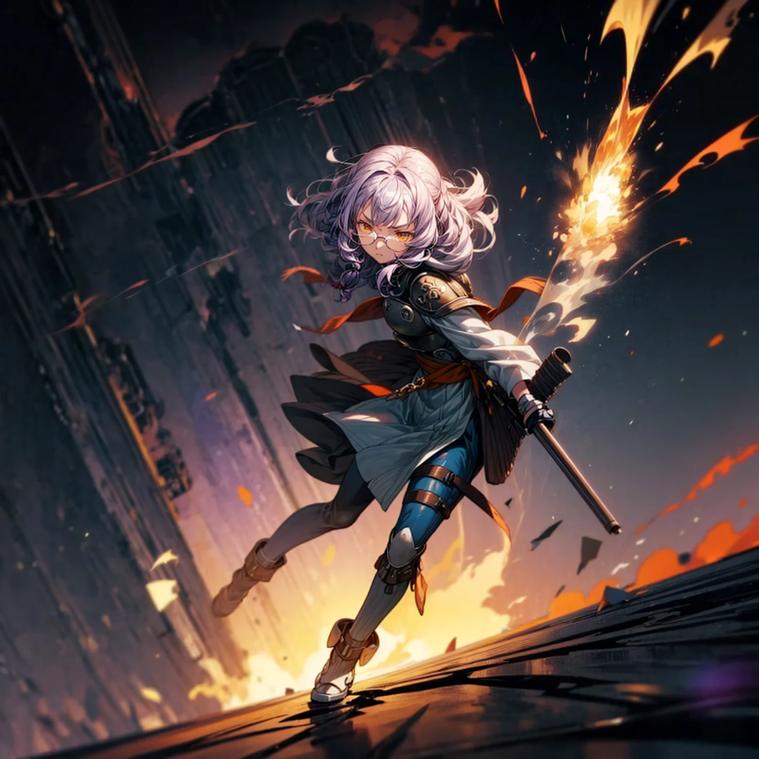 1girl, 1character, gold eyes, long Curly haircut, lavender color hair, army style clothing, white glasses, Long socks, boots army,  full iron armor, bandage on hand, Grassroots, background in fire city street, motion blur, (one piece style art), Big robot gun in hand, smoke effect, aura effect, Fire, lighting fire, plasma effect, fire city, (high angle view, full body view version, angry eyes)