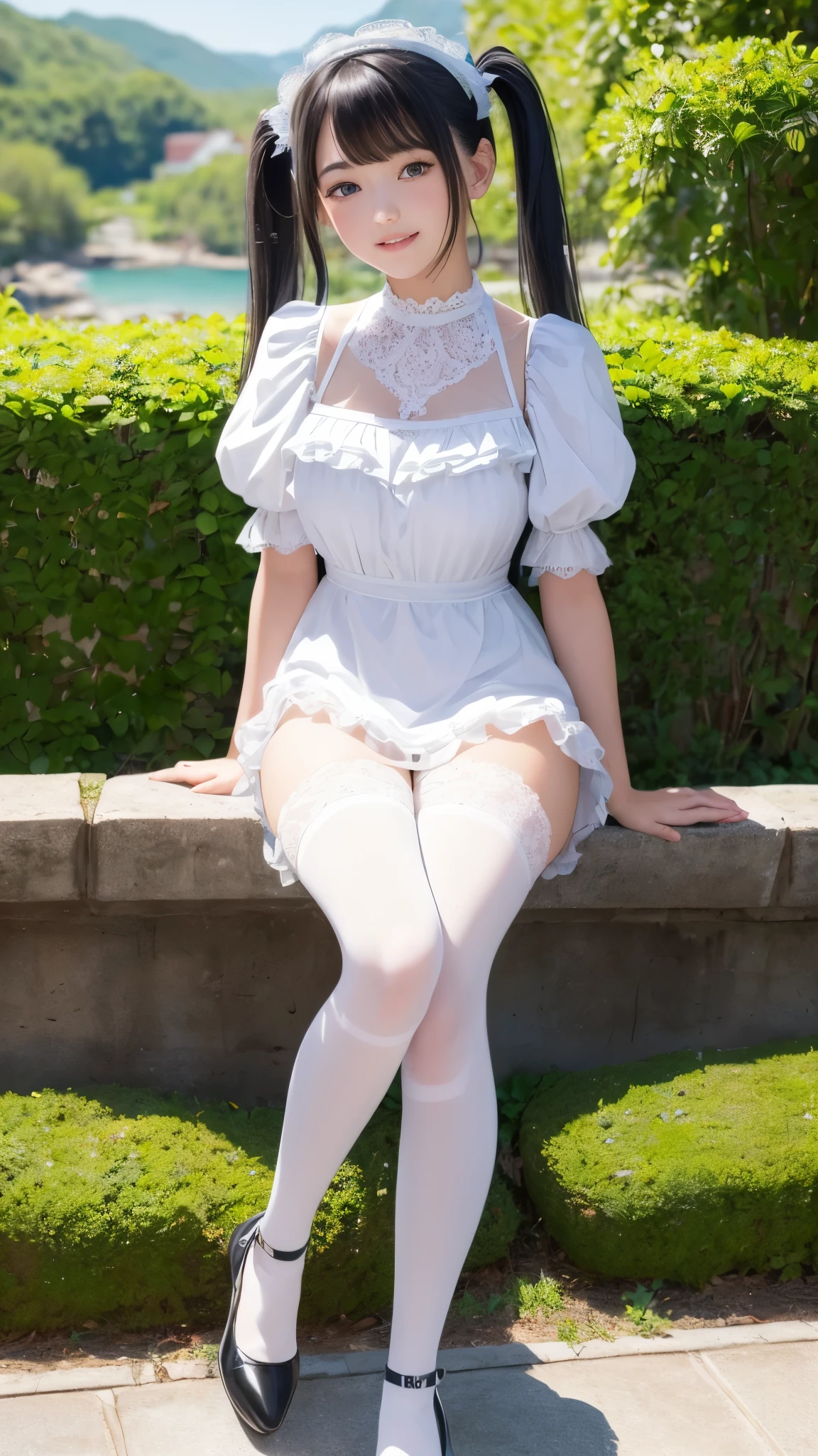 ((masterpiece)), ((highest quality、Ultra high definition)), (Very detailed),8K、Photo quality、((Amazingly cute girl)),)), Two people, , (Beautiful emerald blue eyes), ((smile)),In the open-air bath overlooking the sea, Beautifully arranged black hair in twin tails、whole body、Cute lolita maid stylimsuit))、Professional Lighting、(White lace knee-highore detailed and beautiful)、(More details and cutenesore realistic)、(((Just wear light clothing)))、プールではしゃぐ、