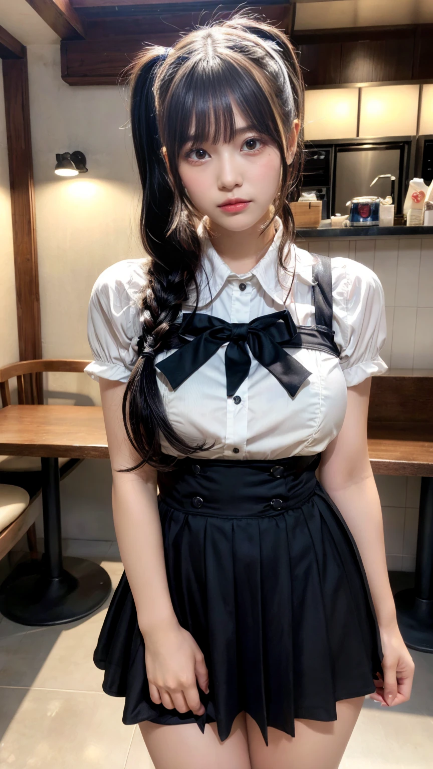 masterpiece, best quality, illustration, Super detailed, fine details, High resolution, 8K,wall paper, perfect dynamic composition,(Details High quality, realistic depiction of eyes:1.3), waitress uniform, restaurant, large breasts, pony tail、black hair color, Big Natural Color Lip, bold sexy pose, crying a little、cold gaze, Harajuku style、20 year old girl、cute type、ta、beautiful legs, gravure idol, Voluptuous thighs