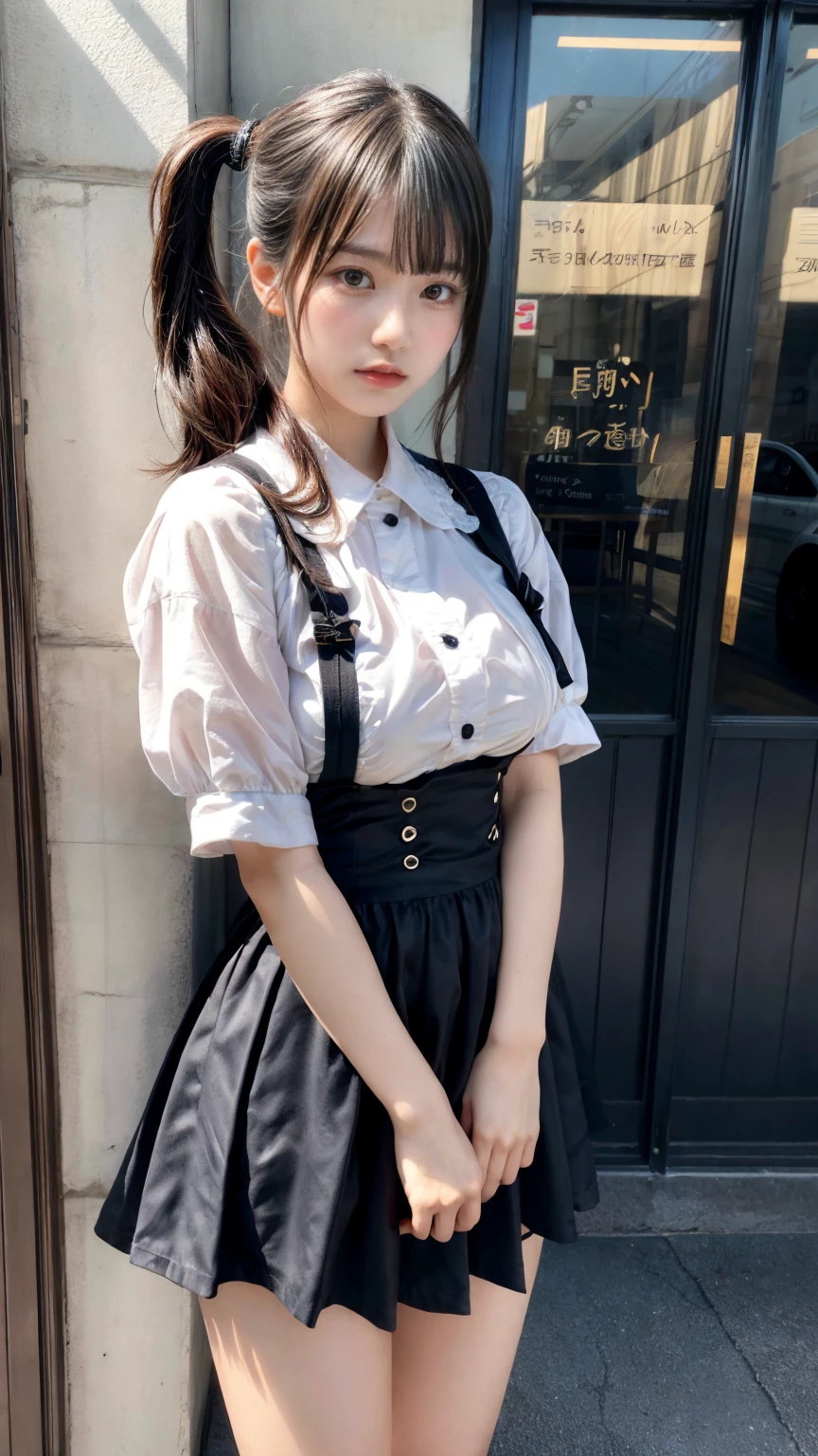 masterpiece, best quality, illustration, Super detailed, fine details, High resolution, 8K,wall paper, perfect dynamic composition,(Details High quality, realistic depiction of eyes:1.3), waitress uniform, restaurant, large breasts, pony tail、black hair color, Big Natural Color Lip, bold sexy pose, crying a little、cold gaze, Harajuku style、20 year old girl、cute type、ta、beautiful legs, gravure idol, Voluptuous thighs