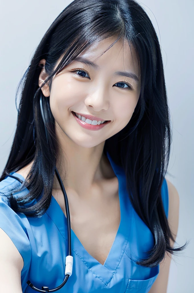 Dental hygienist wearing dark blue medical scrubs Japanese woman in her early 30s with black hair　Upper body close-up　smile　Shooting on a white background　Harmony々 　No accessories included