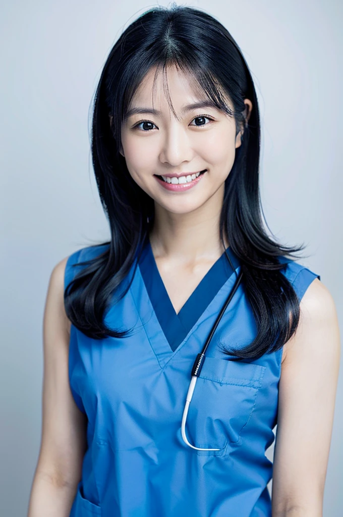 Dental hygienist wearing dark blue medical scrubs Japanese woman in her early 30s with black hair Upper body close-up smile Shooting on a white background Harmony々 No accessories included