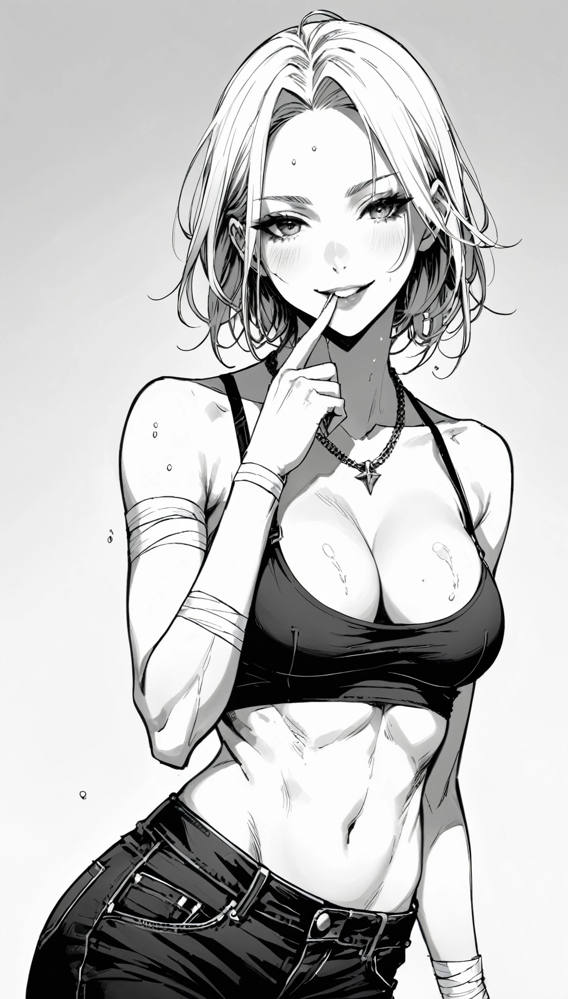 in style of Santiago Caruso, 1girl, solo, ghostwhite hair, Smile, White eyebrows, White lips, White background, Hand bandage, Sweat on the skin, Finger on mouth, Lean forward, One hand on waist, Black jeans, Short sports tube top, Briefs with straps, Bare shoulders, Thin necklace, Strong abdominal muscles, Big , skinny body, sketch, Black and White, monochrome, wide angle, breasts focus, From below