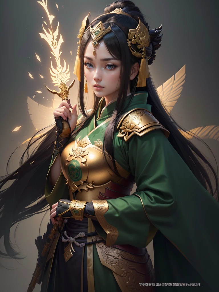 a close up of a woman in a green robe and a gold armor, inspired by Dong Yuan, zhao yun, inspired by Cao Zhibai, inspired by Guan Daosheng, inspired by Hu Zaobin, inspired by Huang Shen, inspired by Zhang Sengyao, inspired by Huang Ding, inspired by Wu Bin, inspired by Li Kan, guan yu, Highly detailed CG unit 8k wallpaper, masterpiece, High resolution, highest quality, highest quality real texture skin, Super Real, Digital Painting, Best image quality, 最High resolution, 8k, (((Highly detailed eyes and face, Beautiful eyes every detail))), profile, black hair,