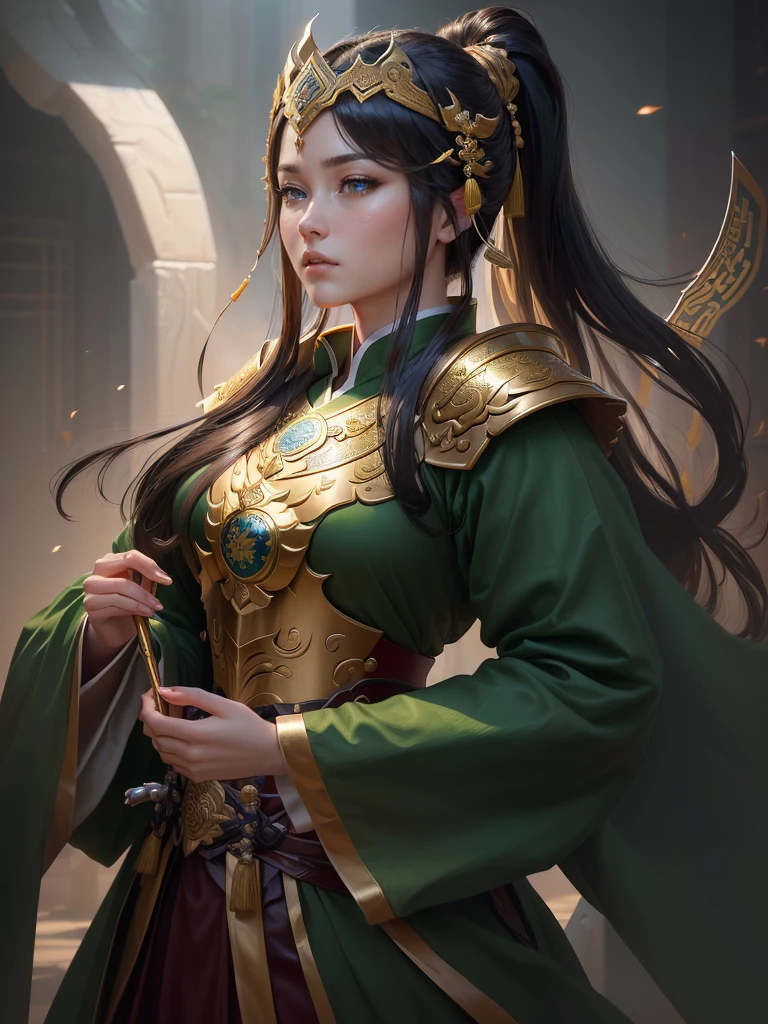 a close up of a woman in a green robe and a gold armor, inspired by Dong Yuan, zhao yun, inspired by Cao Zhibai, inspired by Guan Daosheng, inspired by Hu Zaobin, inspired by Huang Shen, inspired by Zhang Sengyao, inspired by Huang Ding, inspired by Wu Bin, inspired by Li Kan, guan yu, Highly detailed CG unit 8k wallpaper, masterpiece, High resolution, highest quality, highest quality real texture skin, Super Real, Digital Painting, Best image quality, 最High resolution, 8k, (((Highly detailed eyes and face, Beautiful eyes every detail))), profile, black hair,