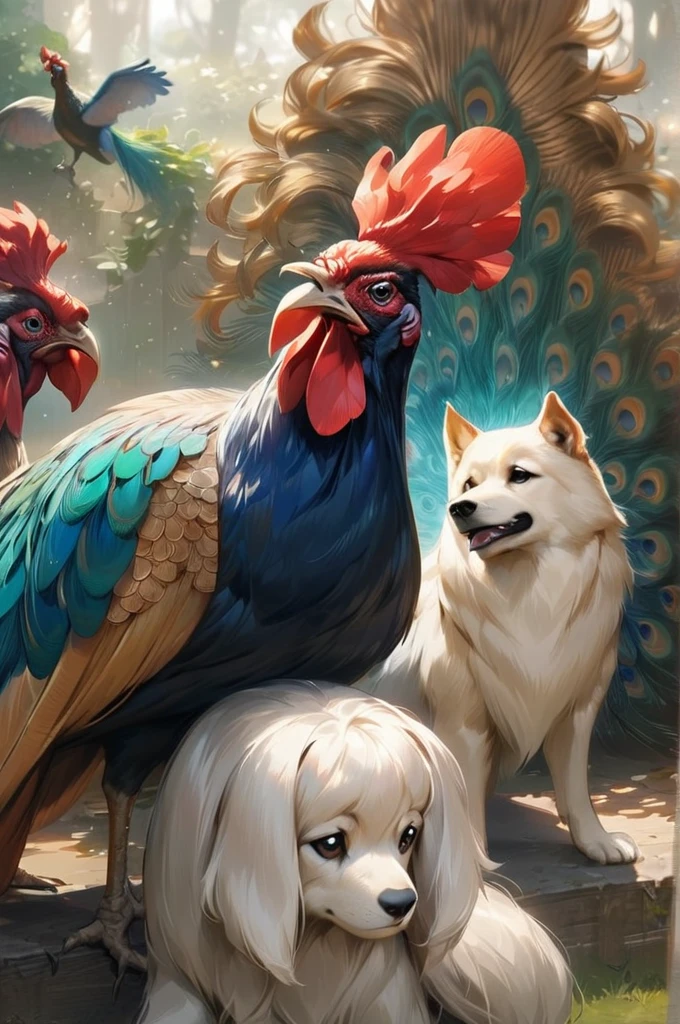 ((Best quality)), ((masterpiece)), (detailed), peacock, rooster, dog