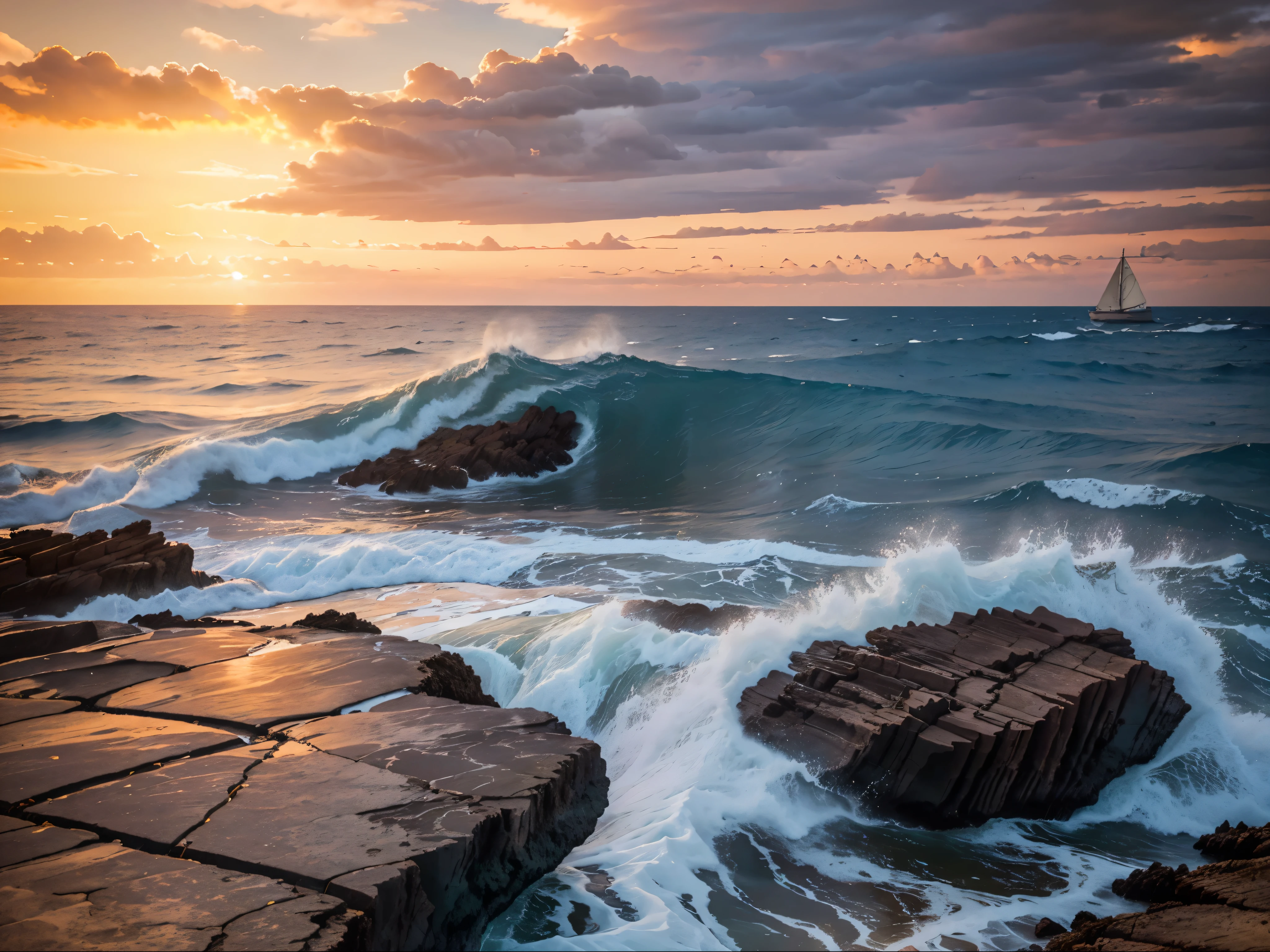a serene ocean landscape, detailed waves crashing against rocky cliffs, a beautiful sunset in the distance, a single sailboat on the horizon, photorealistic, 8k, highly detailed, vibrant colors, dramatic lighting, cinematic composition