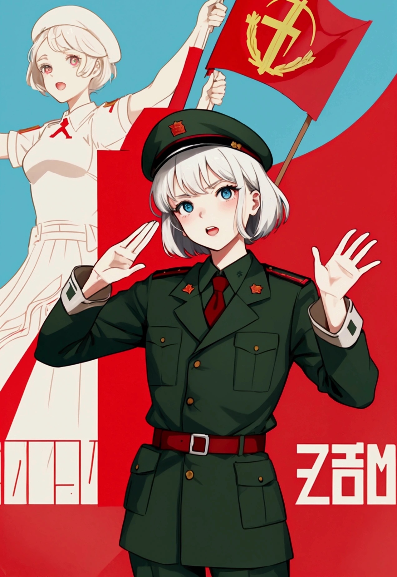 Large panoramic shot,A person surrounded by people,Standing under the statue,With short white hair and red pupils,Girl in grass green military uniform。She held out a hand,Looking at the crowd below,Waving his hat,Shouting to the people under the statue。Someone is waving a red flag,Soviet poster of Viktor Orban, soviet propaganda style, soviet propaganda, USSR Poster, soviet propaganda poster style, soviet poster, soviet propaganda art, soviet propaganda poster art, communist propaganda, russian constructivism, , sovietwave