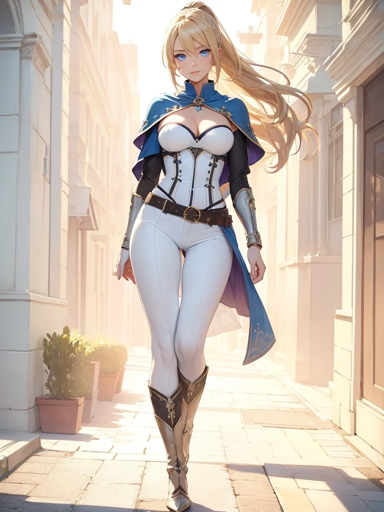 ((1girl, solo)), ((mature female)), full body, standing, cowboy shot, beautiful body, (perfect anatomy, perfect body, perfect hands, perfect legs), nice hands, natural proportions, sexy body, (large breasts:1.3) BREAK
((extremely detailed face)), blue eyes, (beautiful detailed eyes:1.6), (realistic pupils, realistic iris:1), expressive eyes, ((looking at viewer)), (clear eyes:1.3), (hyperrealistic:1.2), (detailed skin texture:1.2), smooth skin, (blonde hair:1.5), bangs, very long hair, ((high ponytail)), (detailed lips:1.2), (attractive lips:1.1), (glossy lips:1.1), smile, perfect face, perfect eyes BREAK
female knight, ((strapless shirt)), (((white shirt))), collarbone, cleavage, ((blue capelet)), (elbow gloves), (((white pants))), (skin tight:1.5), (belt), ((blue tailcoat)), knee-high boots, high heels, thigh gap BREAK
(Outdoors:1.5), day, (city:1.4), (trees:1.4), sky, fantasy setting BREAK
(masterpiece:1.5), anime-style, top quality, best quality, (beautiful and aesthetic:1.2), (ultra detail:1.5), Ultra-detailed depiction, Ultra-precise depiction, extremely detailed 8k illustration, high resolution, (highly detailed shading:1.2), (realistic lighting:1.4), perfect lighting, vibrant colors, dynamic tones, striking hues, 8k, absurd resolution, perfect shadows, hdr, UHD, ambient lighting, realistic, ultra-realistic, photo realistic, highly detailed, rich detail, luminous colors, fine texture, intricate design, professional illustration, (soft light:1.2), (illustration:0.7)