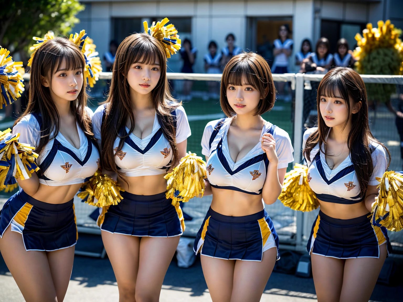 (RAW photo, 4k, masterpiece, high resolution, extremely complex) (realistic: 1.4), cinematic lighting
((2 girls, 2 girls)),blushing,((innocent)),bright eyes,round eyes,blunt bangs,(short bob hair:1.3),black hair,large breasts,wide hips,Summer Noon, ,Hot, (Best Quality), (Highres), (an Extremely Delicate and Beautiful),(Beautiful 8k face),(Brown eyes),( spectators),(gigantic breasts),(Play with each other,Touching each other's bodies,Touching the body),(cheer girl:1.5),(a miniskirt),(reality),bright lighting,(The background is a luxury hotel room)