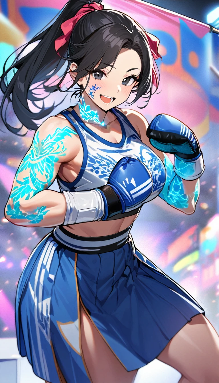 1girl,long face, tattoo on her face,matured , ponytail black hair,hair ribbons ,black eyes, ,blue skirt,joyful, standing,blue glowing dragon tattoos on her neck,glowing tattoo on her face,making a first, MMA gloves,perfect body,curvy,colourful beautiful school festival as the background,