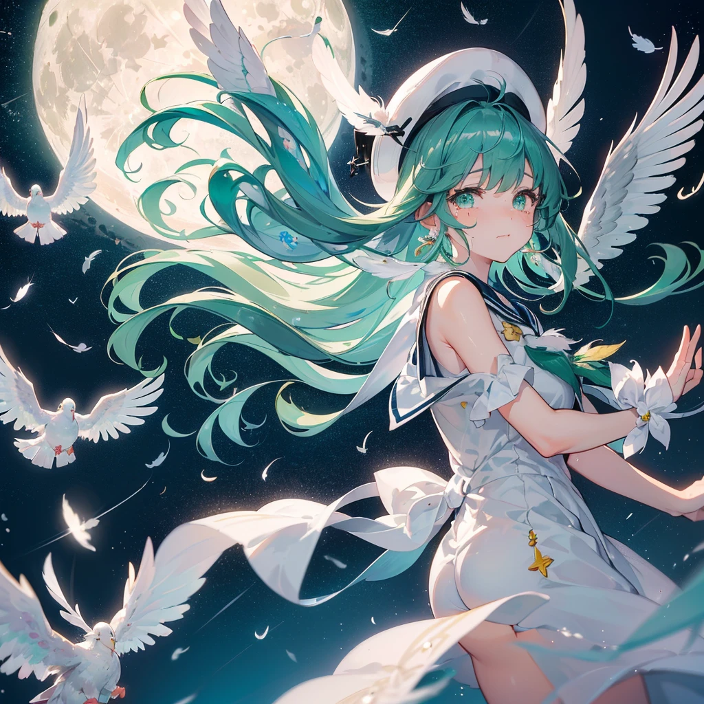 ((fluffy feathers Crying face shining tears suffering),((white dove Big full moon)),(End of the Galaxy shooting star Drop shoulder Sailor suit Shiny earrings Green Hair Long Hair), hat Lying on your back look up Reach out