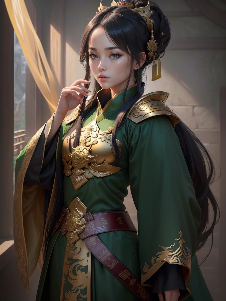 a close up of a woman in a green robe and a gold armor, inspired by Dong Yuan, zhao yun, inspired by Cao Zhibai, inspired by Guan Daosheng, inspired by Hu Zaobin, inspired by Huang Shen, inspired by Zhang Sengyao, inspired by Huang Ding, inspired by Wu Bin, inspired by Li Kan, guan yu, Highly detailed CG unit 8k wallpaper, masterpiece, High resolution, highest quality, highest quality real texture skin, Super Real, Digital Painting, Best image quality, 最High resolution, 8k, (((Highly detailed eyes and face, Beautiful eyes every detail))), profile, black hair,