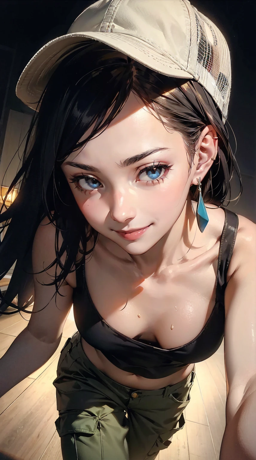 Cinema Lighting,Precision human body,RAW photos,4K - Ultra-realistic,best quality, masterpiece, Ultra-high resolution, (Reality: 1.4),((linoleum,Radiant Skin、Reality的 skin texture、Beautiful skin in every detail、Glowing skin、Glowing skin))、beautiful eyes, Perfect face and eyes、Super Resolution,(Reality的:1.3),(1 Slim girl), Fashion Girl, (Smile),Baseball cap, earrings,(Loose cargo pants)