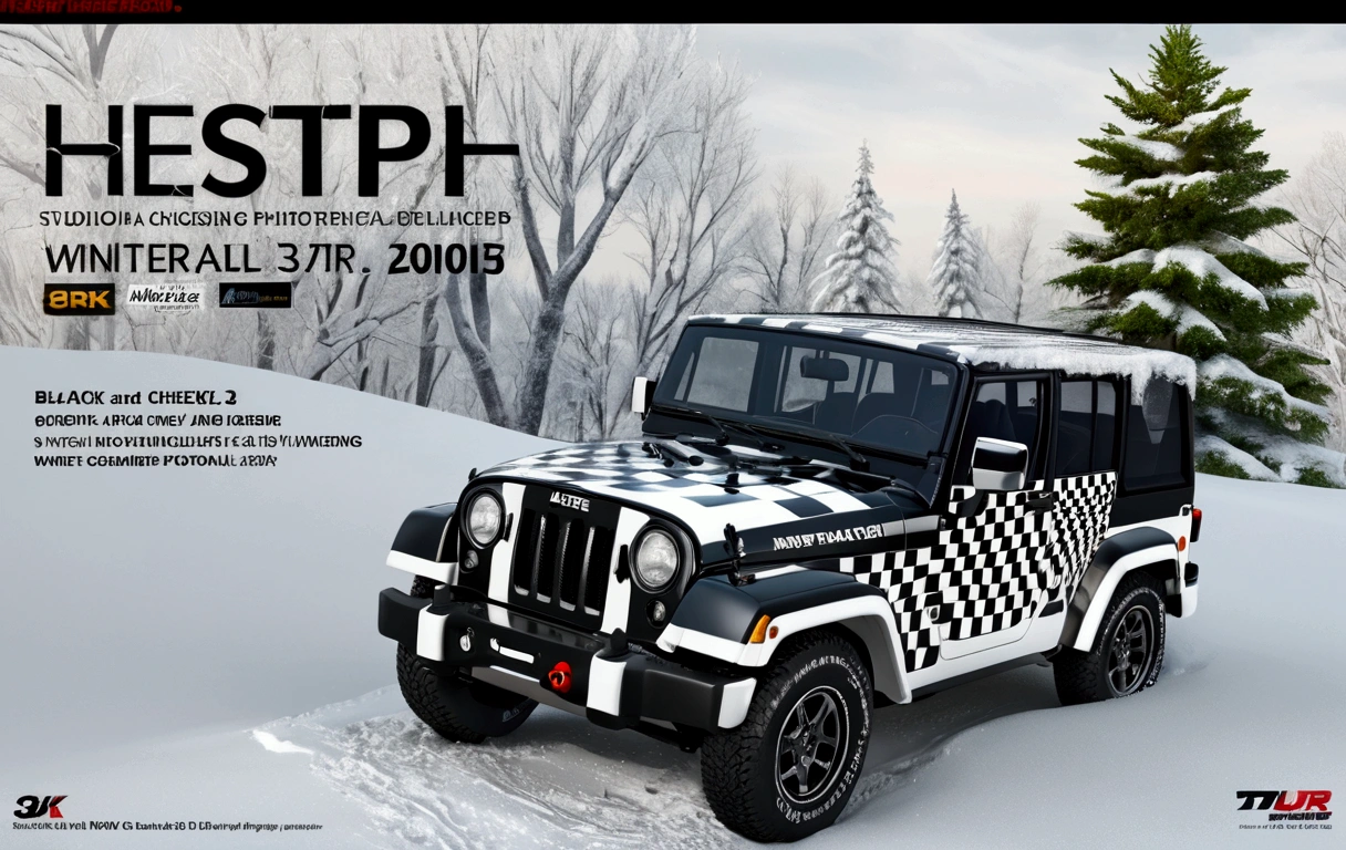 A black and white checkered jeep, winter, detailed photorealistic 3D rendering, highly detailed, hyperrealism, 8k, HDR, studio lighting, dramatic lighting, vibrant colors, cinematic, sharp focus, award winning photography, masterpiece
