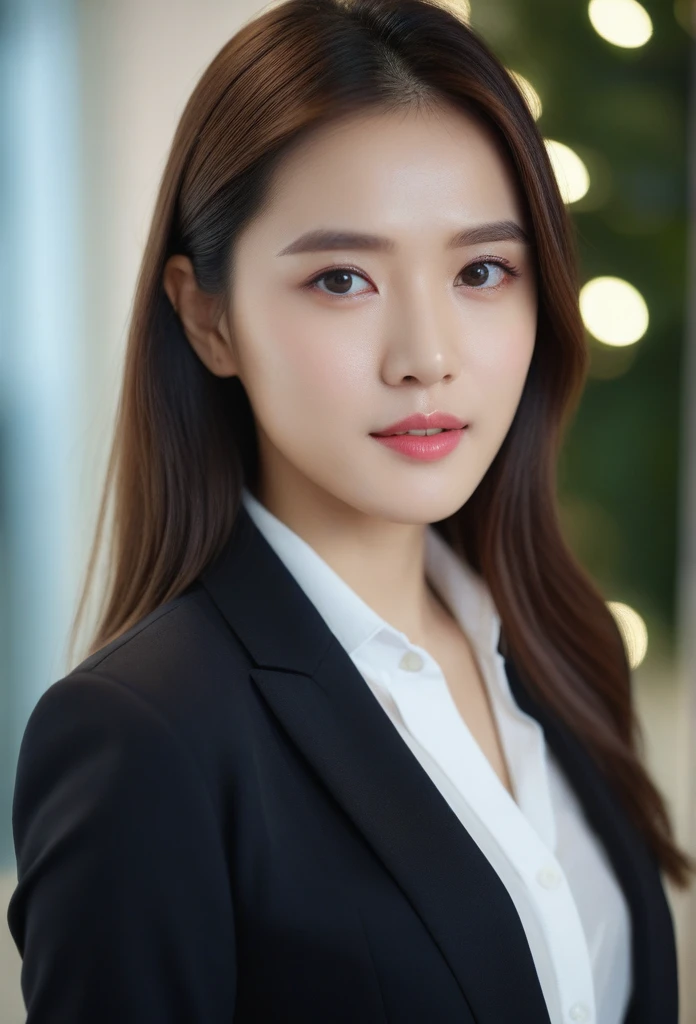High qualityสุด, Masterpiece, 1 woman, Beautiful face, (ภาพถ่ายที่สมTRUE:1.3), By the light, (Highly detailed skin:1.2), 8g UHD, dslr, High quality, high definition, 4K, 8ก, Bokeh, (TRUE: 1.3), small face, A cute girl, black formal blazer, Middle bust, short skirt,office
