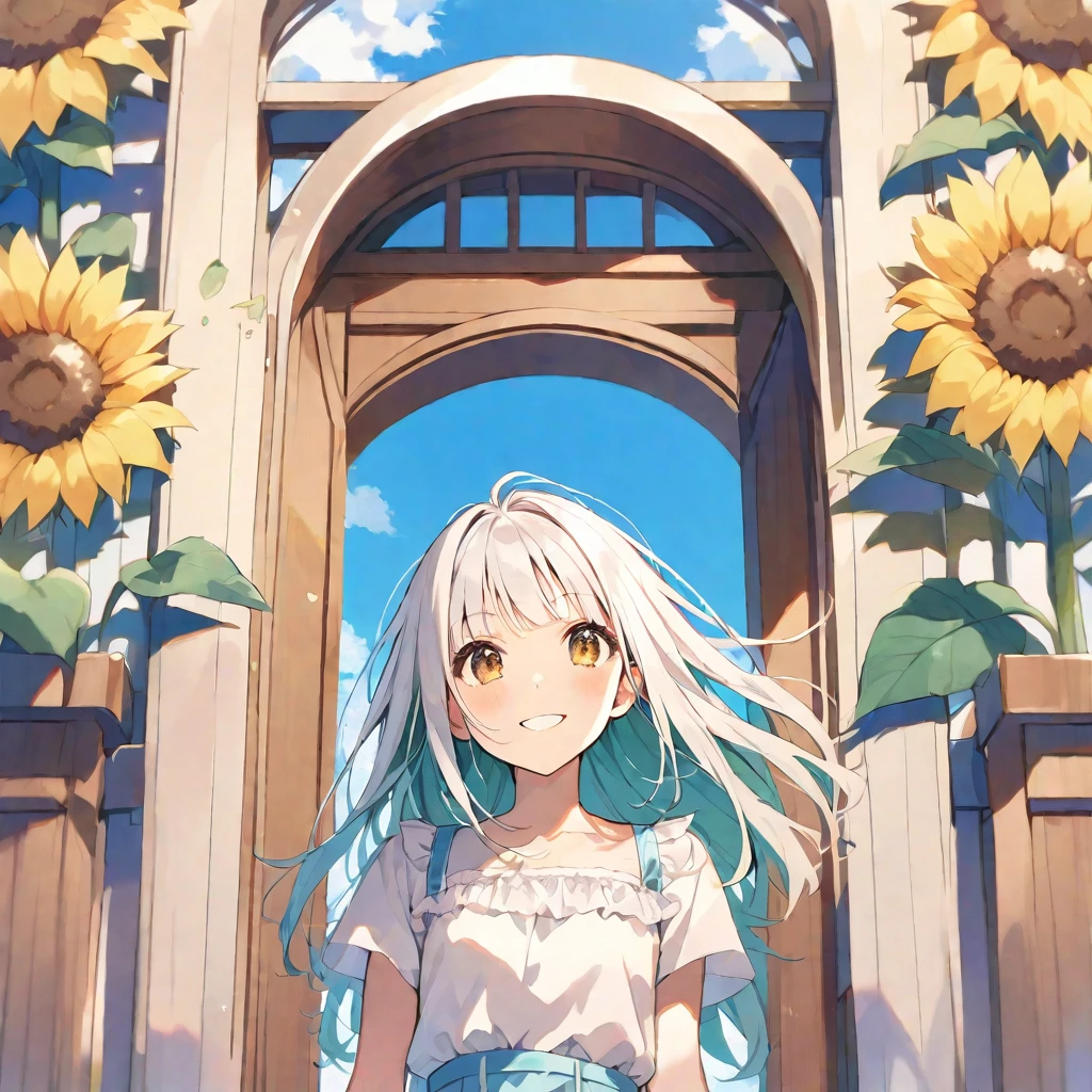 solo,handsome, Water color ,
1. Female,
,Straight Hair,long Hair,White hair,
Kazuka Nakano ,
brown eyes,Soft look, big-mouth smile,
beautiful,Lolita,
smile,skin, Blue sky, entrance cloud,
casual dress,
simple background ,Face up,
sunflower background,icon,