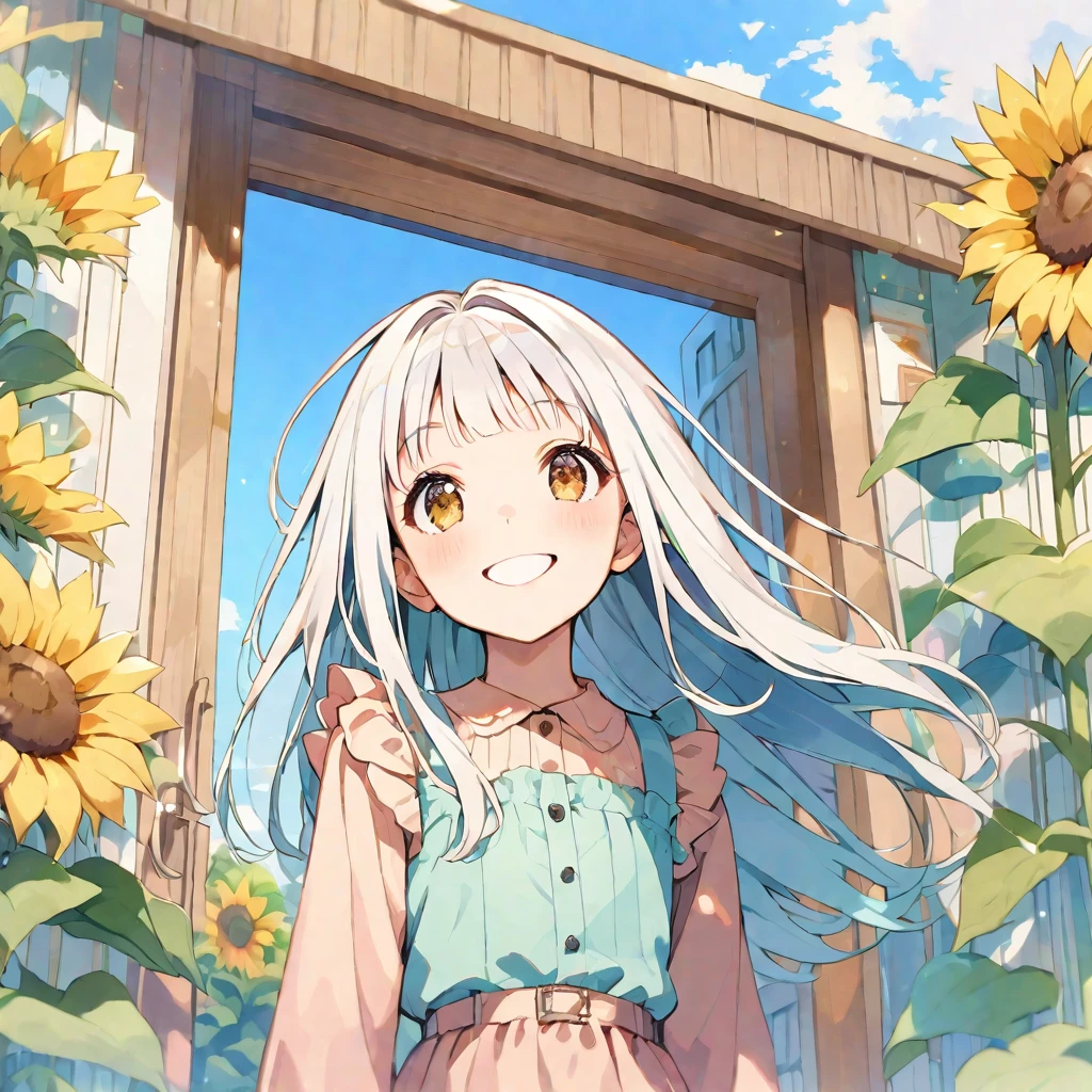 solo,handsome, Water color ,
1. Female,
,Straight Hair,long Hair,White hair,
Kazuka Nakano ,
brown eyes,Soft look, big-mouth smile,
beautiful,Lolita,
smile,skin, Blue sky, entrance cloud,
casual dress,
simple background ,Face up,
sunflower background,icon,