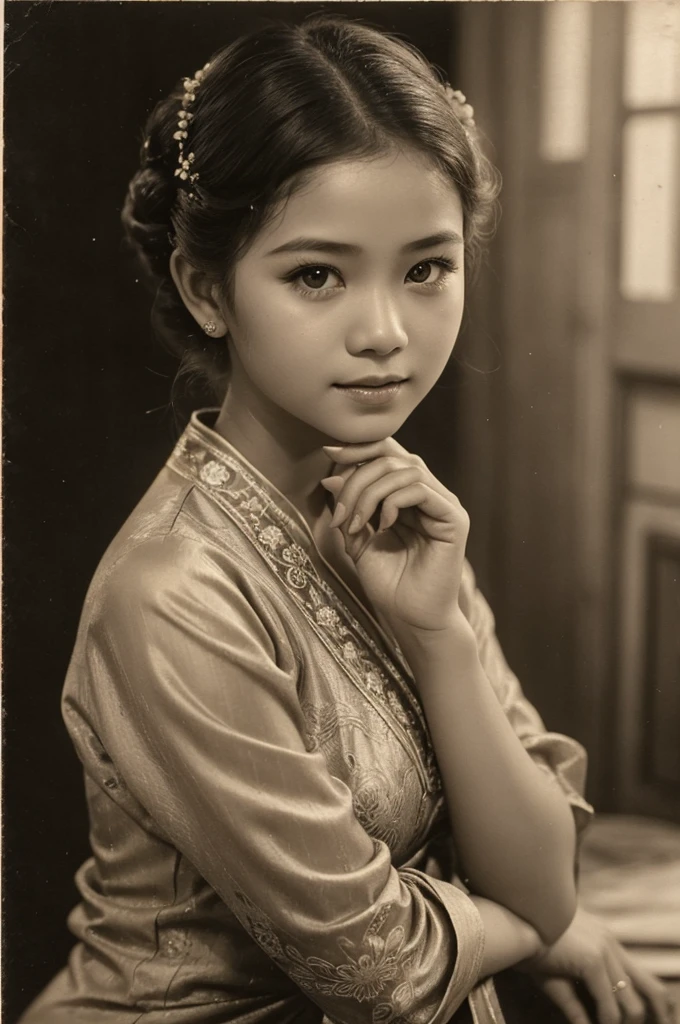 arafed photo of a young Indonesian girl in kebaya clothes, inspired by RA Kartini, kebaya photo, old sepia photography, young girl, beautiful, vintage photography, kebaya photo, antique photo, beautiful young girl, cute 18 year old young girl, young, black - white retro photo 1910, vintage photography, antique photos, old photography, hair in a bun or bun, cute face,