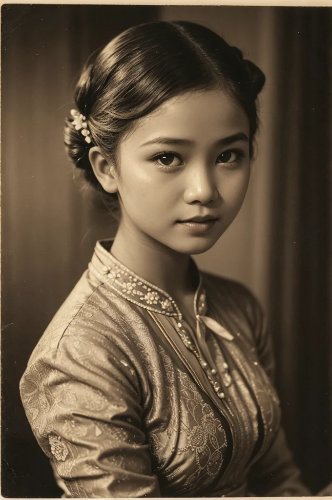 arafed photo of a young Indonesian girl in kebaya clothes, inspired by RA Kartini, kebaya photo, old sepia photography, young girl, beautiful, vintage photography, kebaya photo, antique photo, beautiful young girl, cute 18 year old young girl, young, black - white retro photo 1910, vintage photography, antique photos, old photography, hair in a bun or bun, cute face,