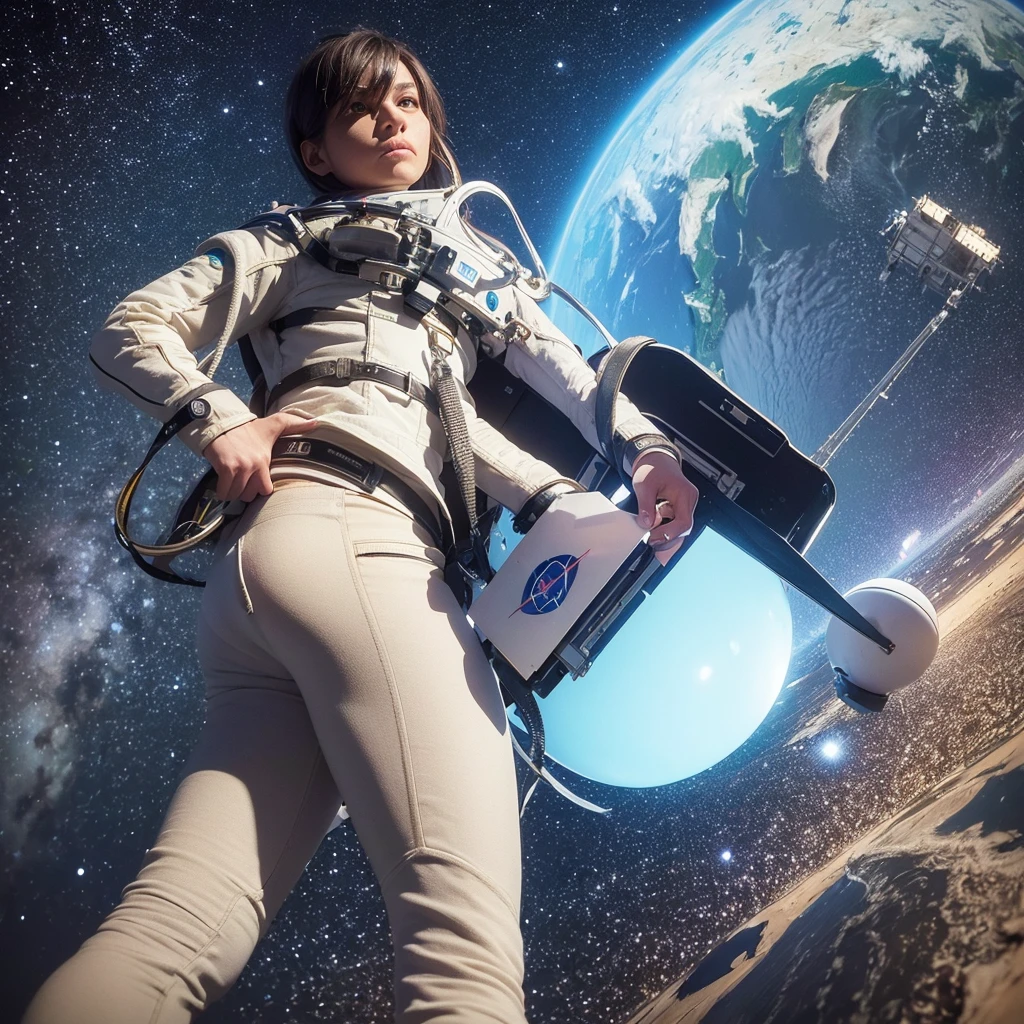a flat earther in space, astronaut, space suit, holding a flat earth model, space shuttle, Earth in the background, hyperrealistic, 8k, cinematic lighting, dramatic shadows, highly detailed, photorealistic, intricate details, masterpiece, cinematic composition, epic scale, awe-inspiring, stunning, gorgeous, breathtaking