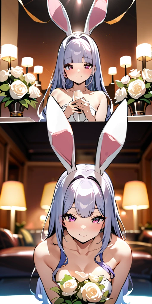 NSFW,masterpiece,Highest quality,High resolution,Very detailed,white\(no game No life\),Small breasts,ponytail,Bunny ears,Playboy Bunny,casino,Dissatisfied face,blush,(Middle-aged men),Big dick,(Blowjob),,Drooling,Sticking out tongue,Sucking,heart,From above