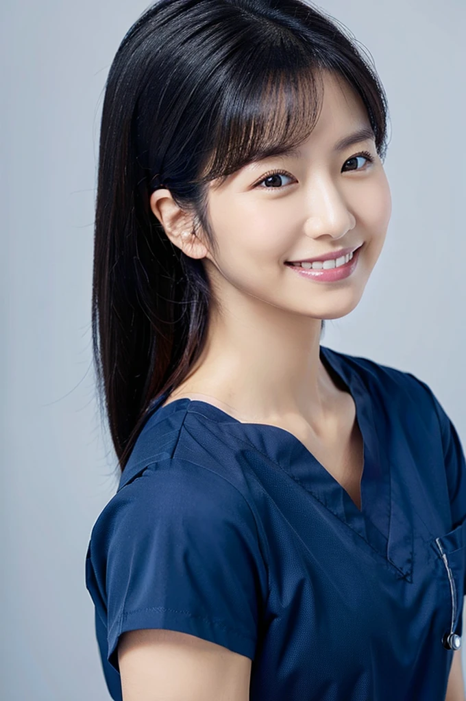 Dental hygienist wearing dark blue medical scrubs with short sleeves　Japanese, black hair, early 30s woman　Upper body close-up　smile　Shooting on a white background　Harmony々 　No accessories included