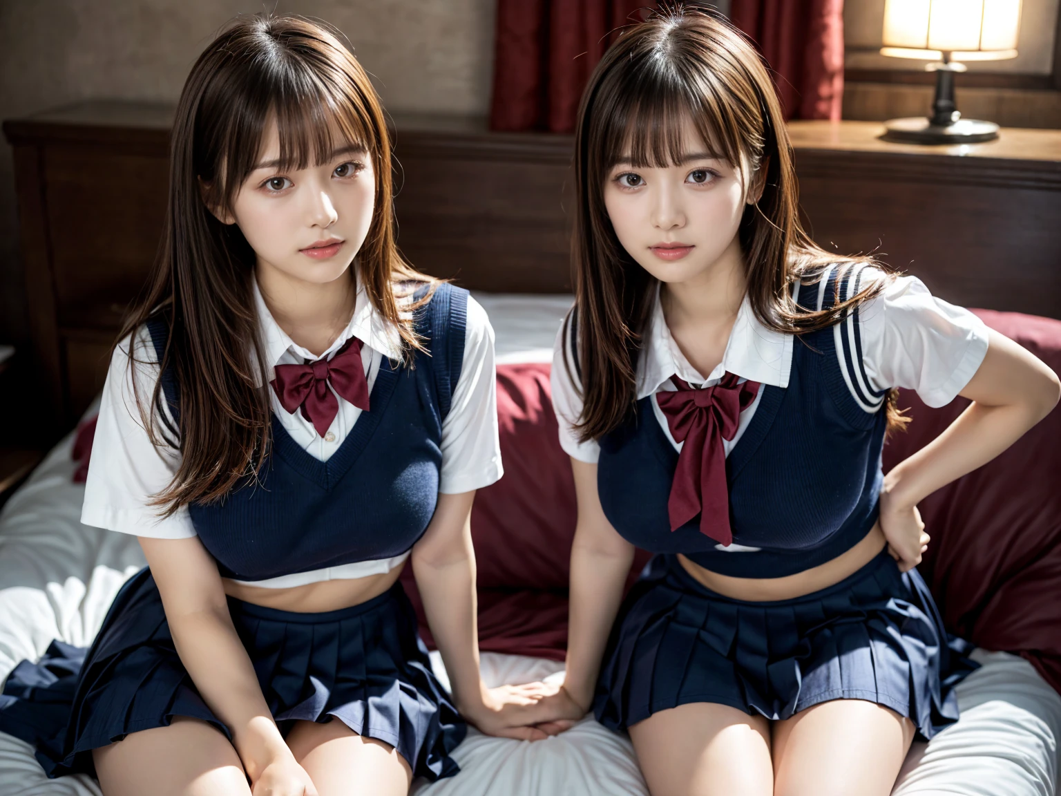 (RAW photo, 4k, masterpiece, high resolution, extremely complex) (realistic: 1.4), cinematic lighting
((2 girls, 2 schoolgirls)),Slam Dunk's,blushing,((innocent)),bright eyes,round eyes,blunt bangs,(straight hair:1.3),black hair,large breasts,wide hips,Summer Noon, ,Hot, (Best Quality), (Highres), (an Extremely Delicate and Beautiful),(Beautiful 8k face),(Brown eyes),short bob hair,( spectators),(gigantic breasts),(Play with each other,Touching each other's bodies,Touching the body),(Japanese high school uniform:1.3),blue skirt,(reality),bright lighting,(The background is a luxury hotel room)