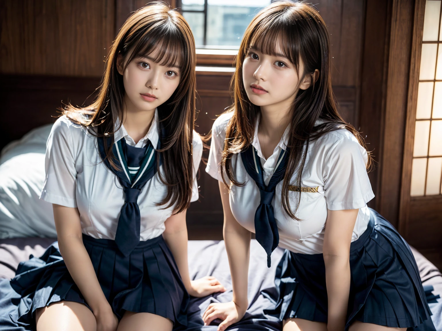 (RAW photo, 4k, masterpiece, high resolution, extremely complex) (realistic: 1.4), cinematic lighting
 ((2 girls, 2 schoolgirls)),Slam Dunk's,blushing,((innocent)),bright eyes,round eyes,blunt bangs,(straight hair:1.3),black hair,large breasts,wide hips,Summer Noon, ,Hot, (Best Quality), (Highres), (an Extremely Delicate and Beautiful),(Beautiful 8k face),(Brown eyes),short bob hair,( spectators),(gigantic breasts),(Play with each other,Touching each other's bodies,Touching the body),(Japanese high school uniform:1.3),blue skirt,(reality),bright lighting,(The background is a luxury hotel room)