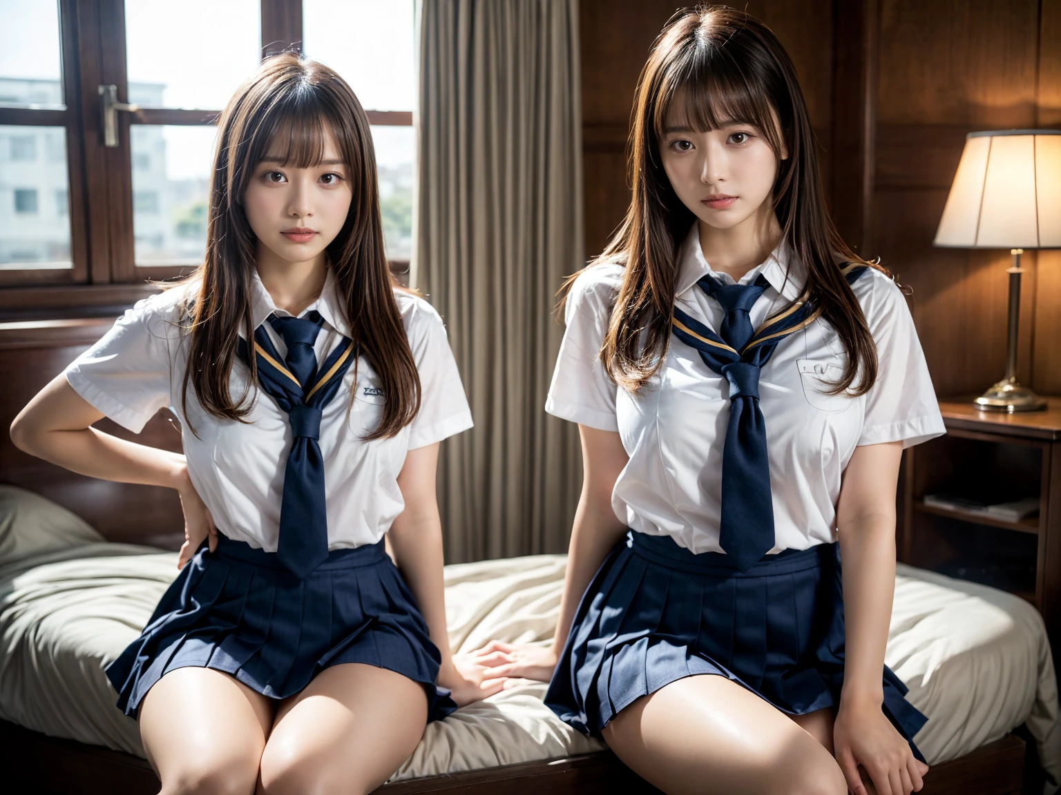 (RAW photo, 4k, masterpiece, high resolution, extremely complex) (realistic: 1.4), cinematic lighting
((2 girls, 2 schoolgirls)),Slam Dunk's,blushing,((innocent)),bright eyes,round eyes,blunt bangs,(straight hair:1.3),black hair,large breasts,wide hips,Summer Noon, ,Hot, (Best Quality), (Highres), (an Extremely Delicate and Beautiful),(Beautiful 8k face),(Brown eyes),short bob hair,( spectators),(gigantic breasts),(Play with each other,Touching each other's bodies,Touching the body),(Japanese high school uniform:1.3),blue skirt,(reality),bright lighting,(The background is a luxury hotel room)