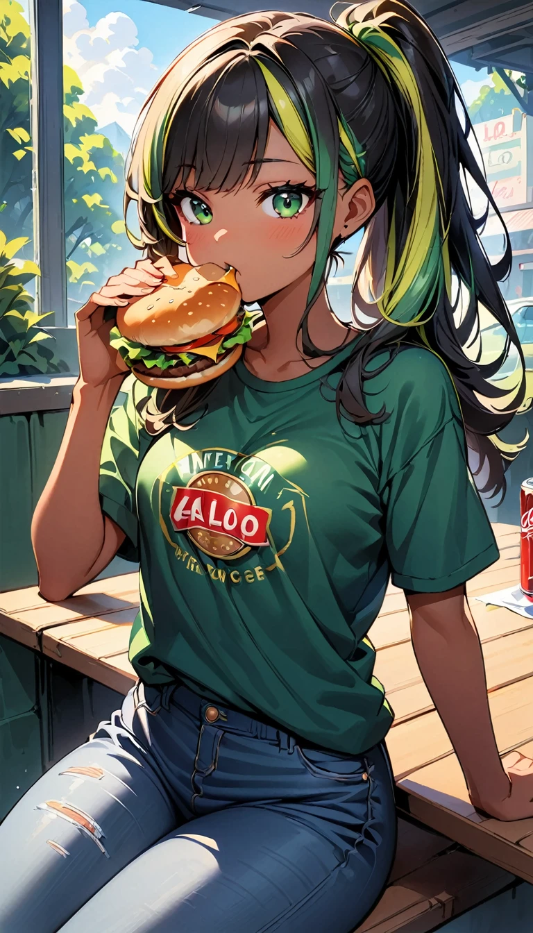 (highest quality:1.2, Very detailed, up to date, Vibrant, Ultra-high resolution, High Contrast, masterpiece:1.2, highest quality, Best aesthetics), Portraiture、girl、(slim:1), 25 years old, Bright colors、Beautiful fine details、Beautiful lip detail、long hair、ponytail, white and yellow green ((streaked hair:1.6)), highlights hair: 1.5, (small breast,:1) (tan skin:1.1), t-shirt, jeans, (sitting and eating hamburger and aslo cola and french fly on the table.), American style hamburger shop, ((cowboy shot:1))