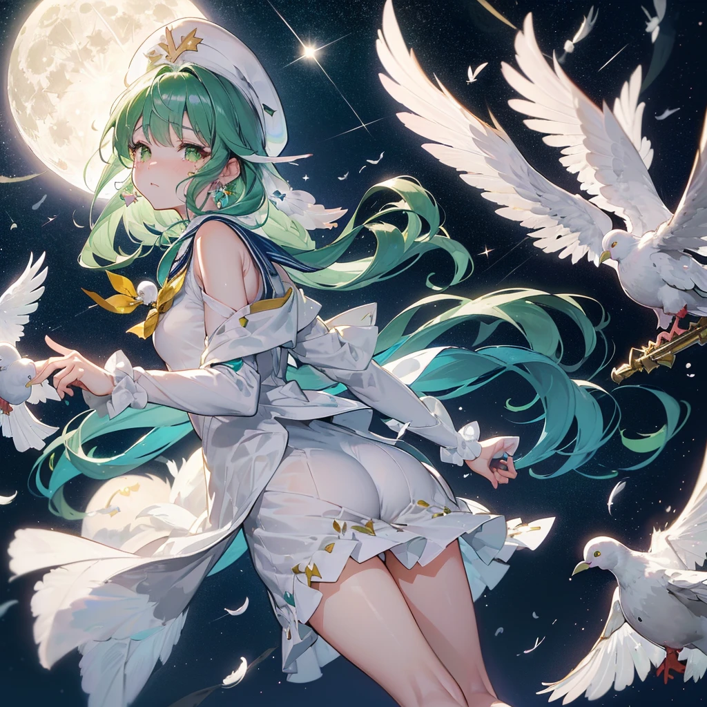 ((fluffy feathers　Crying face　shining tears　suffering)，((white dove　Big full moon))，(End of the Galaxy　shooting star　Drop shoulder　Sailor suit　Shiny earrings　Green Hair　Long Hair)，　hat　Lying on your back　look up　Reach out