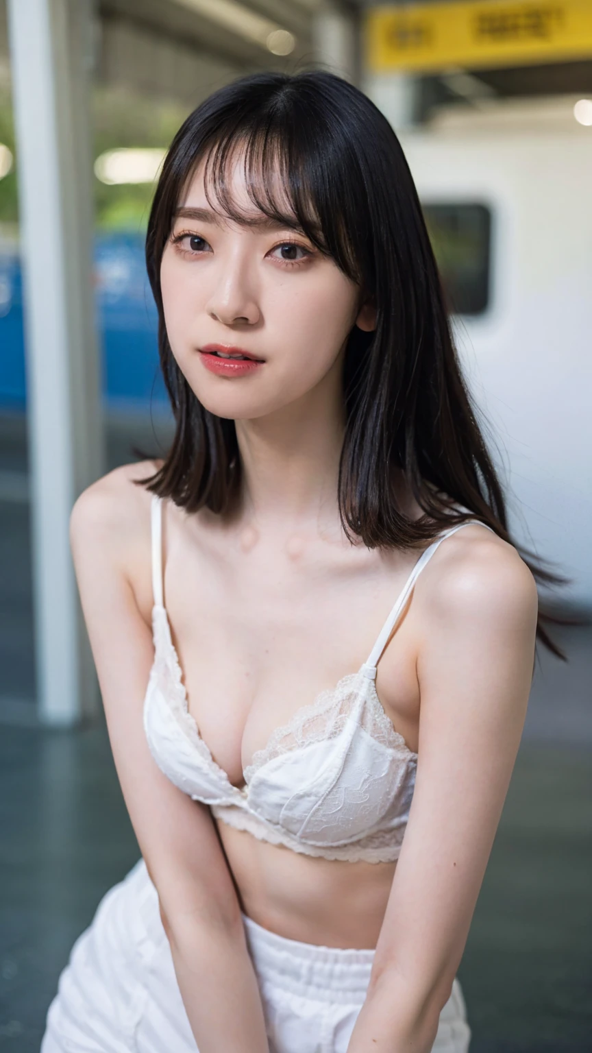 realistic photos of (1 cute Korean star) flipped hair, thin makeup, (big breasts size), sexy erotic tiny string of G-string lingerie, at the train station, clear facial features of Canon EOS, 16k, high resolution, sharp and realistic details,  overexposure, cut-in, UHD, high res, best quality, full body into knee, skinny thighs, look at viewer